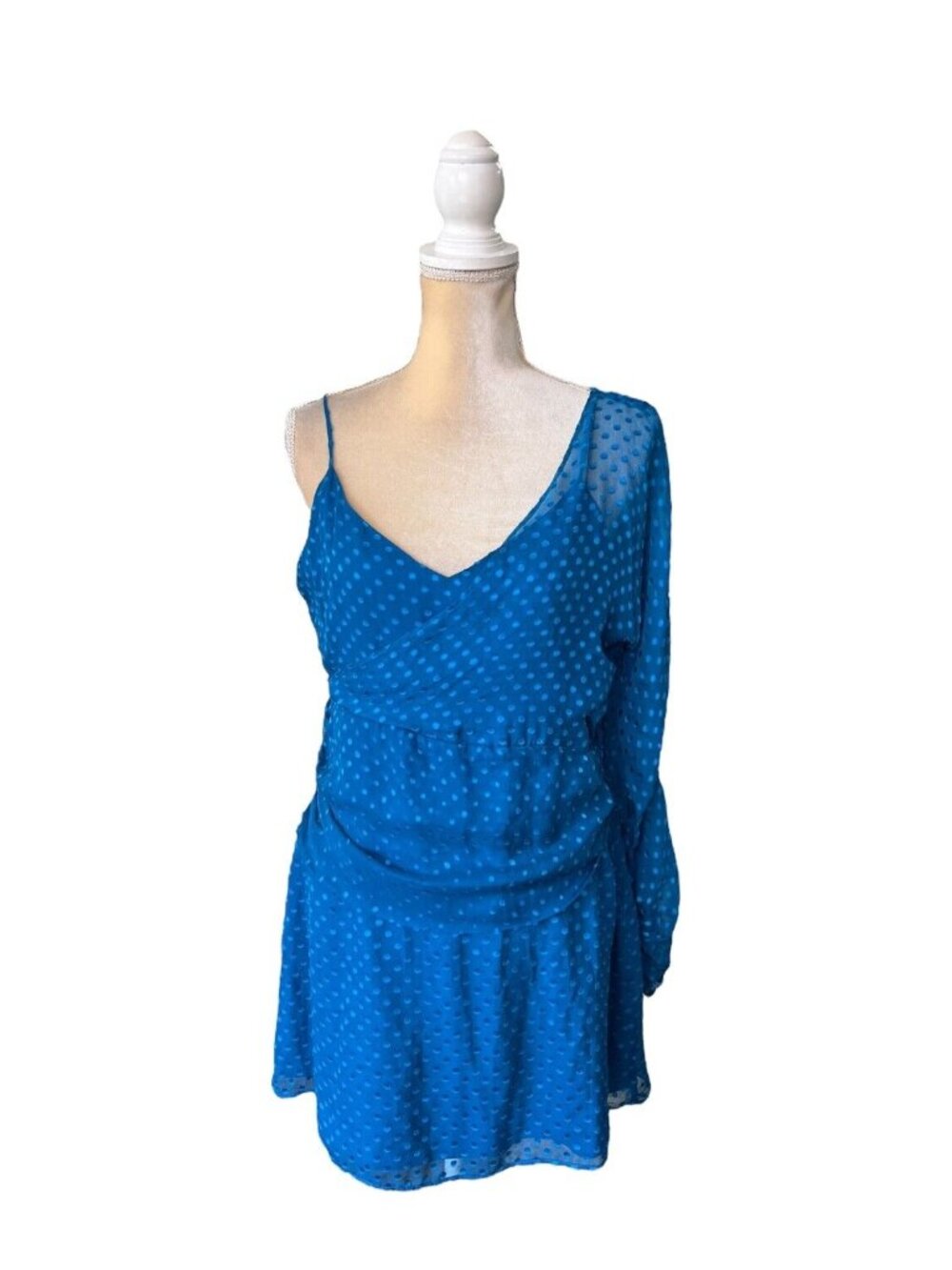 House of Harlow 1960 x Revolve Alysa Dress Sz L Large Blue One Sleeve Polka Dot
